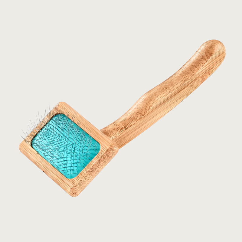 Pet slicker brush with bamboo body & handle and teal rubber pad with thin metal pins. Size XS.