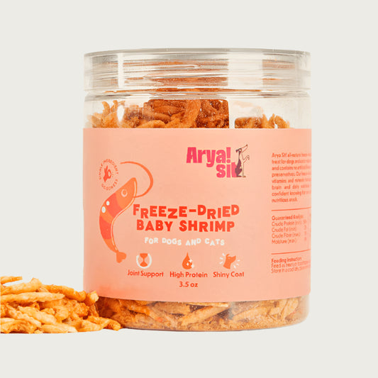 3.5 oz clear plastic container of Arya! Sit Freeze-Dried Baby Shrimp for Dogs & Cats. Single ingredient goodness. Whole body shrimp are visible inside the container - they are about 1.5" - 2" long.