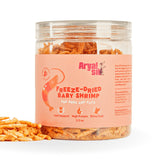 3.5 oz clear plastic container of Arya! Sit Freeze-Dried Baby Shrimp for Dogs & Cats. Single ingredient goodness. Whole body shrimp are visible inside the container - they are about 1.5" - 2" long.