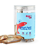 3 oz clear plastic container of Arya! Sit Freeze-Dried Capelin Fish. For dogs & cats. Single ingredient goodness. Whole body fish are visible inside the container - they are about 4"-5" long.