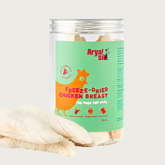 3.5 oz clear plastic container of Arya! Sit Freeze-Dried Chicken Breast tenders for dogs & cats. Single ingredient goodness. Boosts immunity, weight control, lean protein. Product inside is visible - container is full of full-length chicken breast tenders, standing on end.