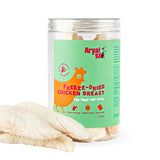 3.5 oz clear plastic container of Arya! Sit Freeze-Dried Chicken Breast tenders for dogs & cats. Single ingredient goodness. Boosts immunity, weight control, lean protein. Product inside is visible - container is full of full-length chicken breast tenders, standing on end.