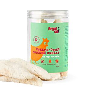 3.5 oz clear plastic container of Arya! Sit Freeze-Dried Chicken Breast tenders for dogs & cats. Single ingredient goodness. Boosts immunity, weight control, lean protein. Product inside is visible - container is full of full-length chicken breast tenders, standing on end.