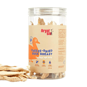 4.6 oz clear plastic container of Arya! Sit Freeze-Dried Duck Breast tenders for dogs & cats. Single ingredient goodness. Boosts immunity, low calorie, high protein. Product inside is visible - container is full of full-length duck breast tenders, standing on end.