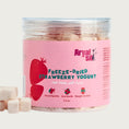 Load image into Gallery viewer, 3.5 oz clear plastic container of Arya! Sit Freeze-Dried Strawberry Yogurt for Dogs & Cats. Good appetite, gut health, weight control. Product inside is visible; they are small pale pink cubes.
