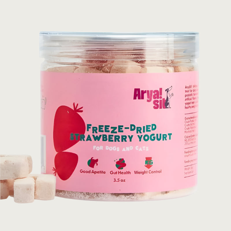 3.5 oz clear plastic container of Arya! Sit Freeze-Dried Strawberry Yogurt for Dogs & Cats. Good appetite, gut health, weight control. Product inside is visible; they are small pale pink cubes.