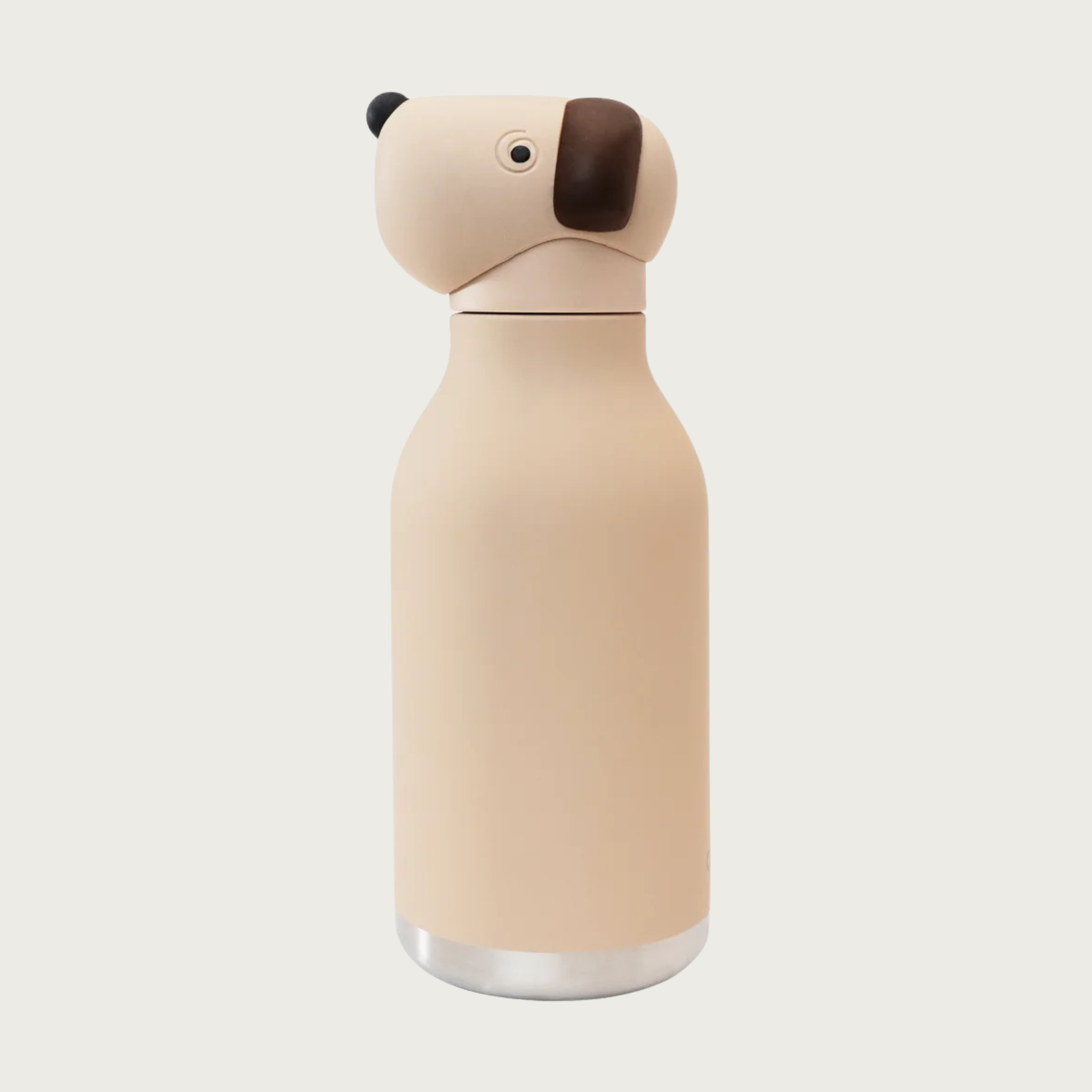 A beige dog-shaped insulated water bottle by Asobu, with simply designed dark brown ears and black nose & eyes.