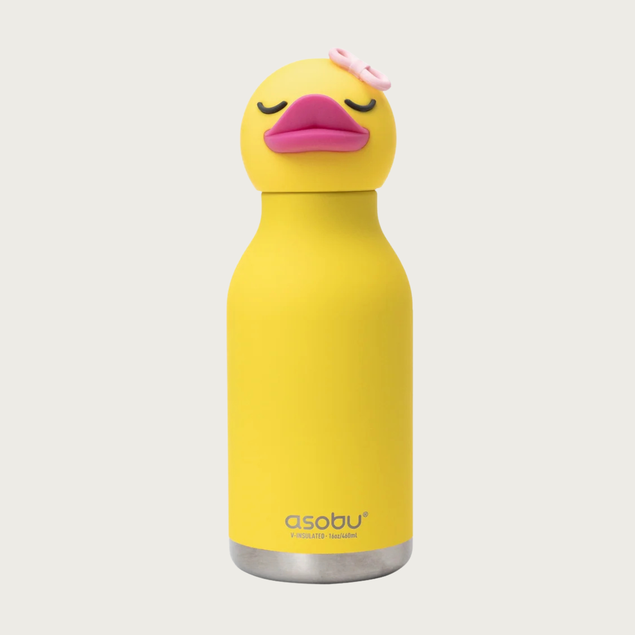 A bright yellow Asobu insulated water bottle with a sleeping duck character on the lid, featuring a hot pink beak and a small light pink bow on top of its head.