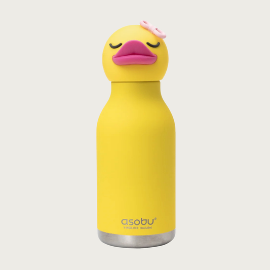 A bright yellow Asobu insulated water bottle with a sleeping duck character on the lid, featuring a hot pink beak and a small light pink bow on top of its head.