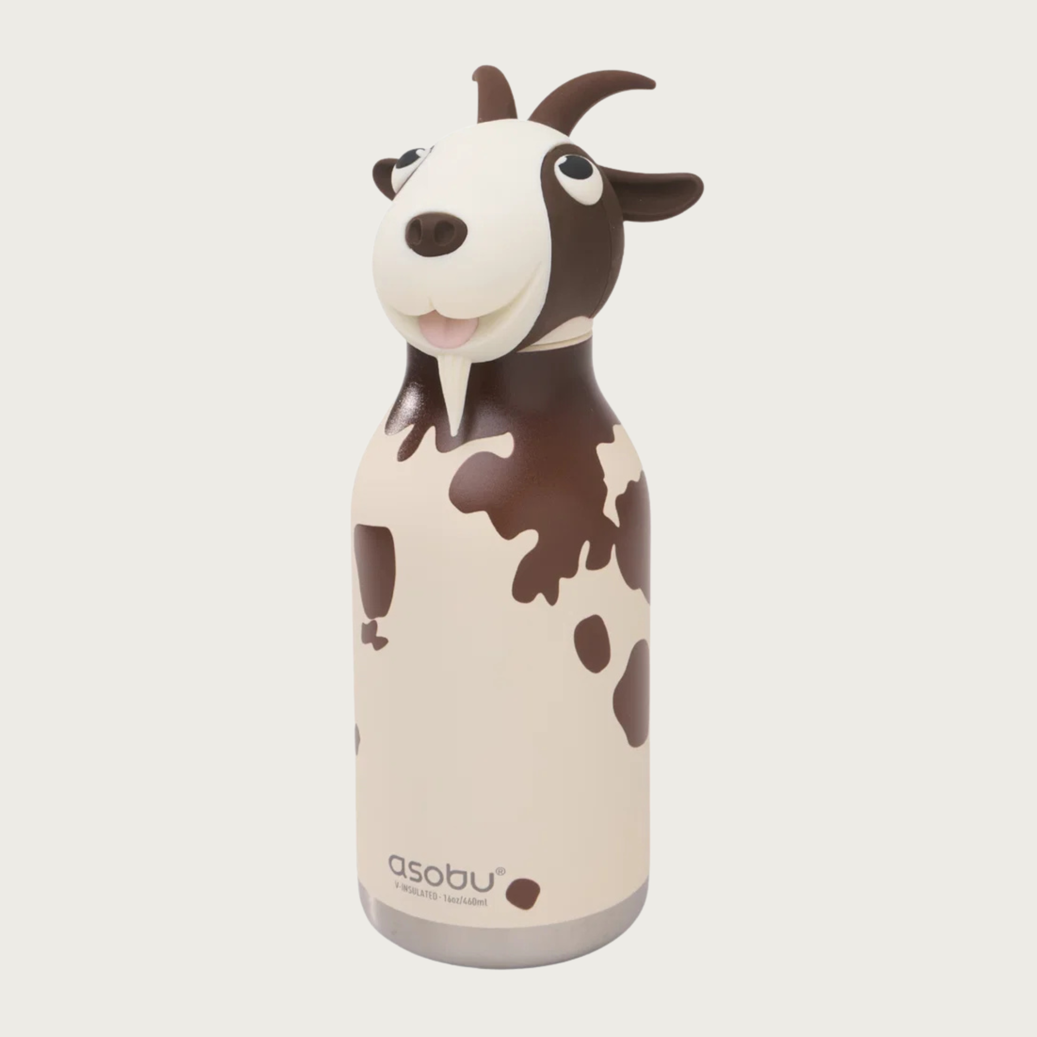 A cute goat-shaped insulated water bottle by Asobu, featuring a cream-colored body with dark brown cow-print spots and a smiling goat head on top with brown horns.