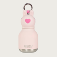 Load image into Gallery viewer, A light pink insulated water bottle with a rabbit-shaped cap, featuring a hot pink heart-shaped nose and pale pink long ears, a silver metal key ring, and the 'asobu' brand name printed near the bottom on the silver metal toned base.
