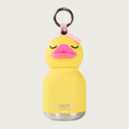 Load image into Gallery viewer, A bright yellow water bottle shaped like a sleeping duck, featuring a bright pink beak, closed eyes, and a light pink hair bow, with a silver metal ring keychain attached at the top. The brand name 'asobu' is printed on the silver metal lower front of the bottle.
