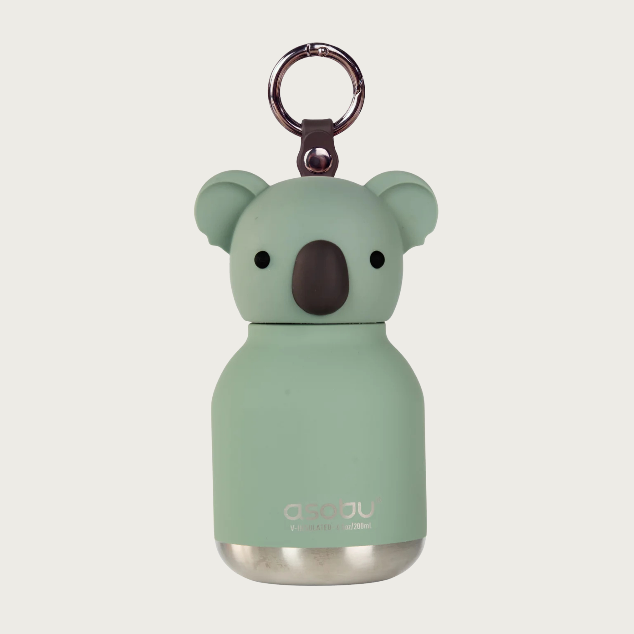 A mint green koala-shaped insulated bottle with a silver metal base and a dark metal key ring. Cap is shaped like a koala head with ears, small black eyes & big black nose.
