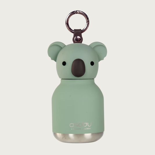 A mint green koala-shaped insulated bottle with a silver metal base and a dark metal key ring. Cap is shaped like a koala head with ears, small black eyes & big black nose.