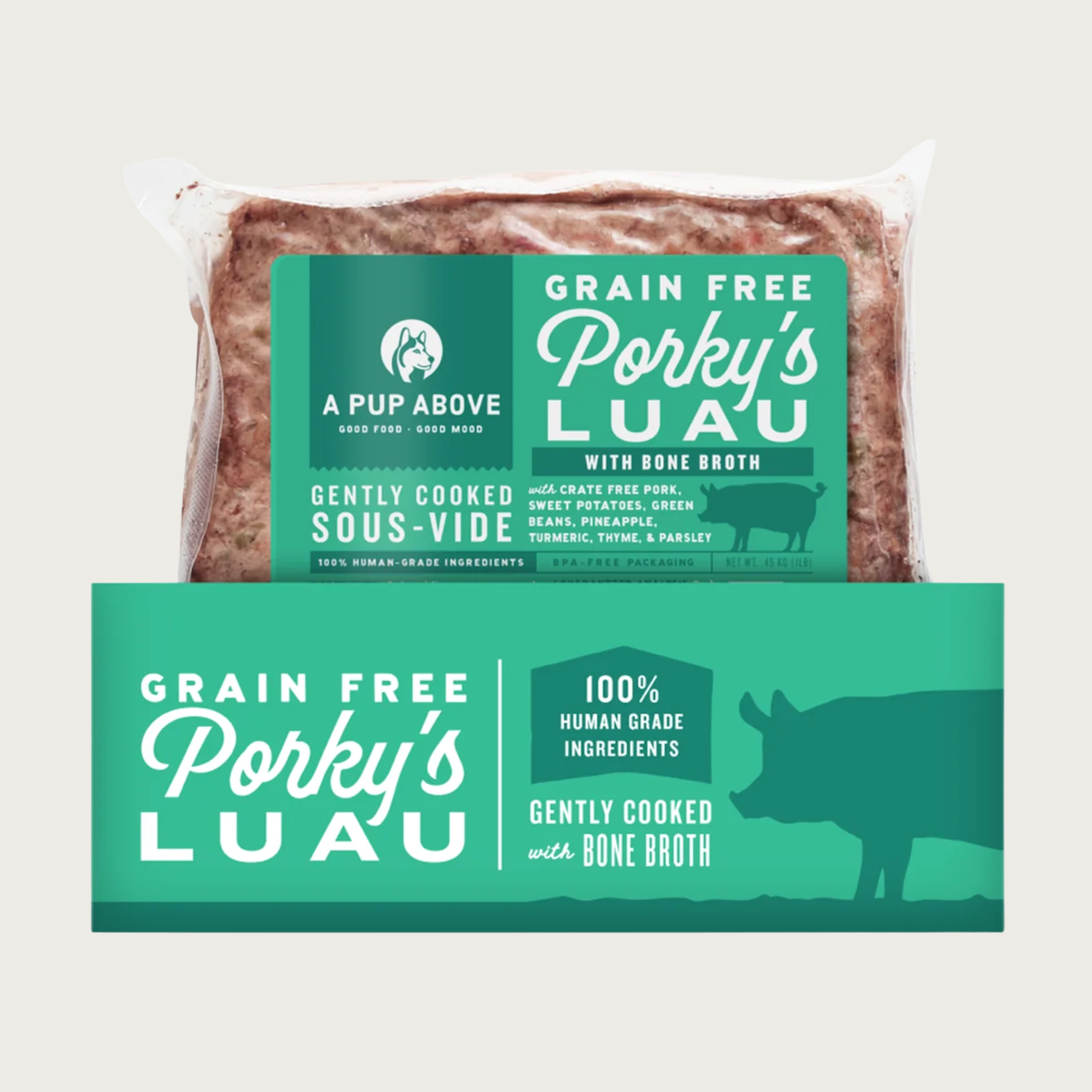 12 lb green box of Porky's Luau recipe dog food from A Pup Above. One pouch is shown as an example of what's inside.