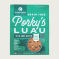 Load image into Gallery viewer, 3 lb green bag of A Pup Above Porky's Luau recipe dog food. Gently cooked sous vide. Bag has a small photo of a bowl of the food, that looks like ground pork with chopped bits of green beans, pineapple, and sweet potato.
