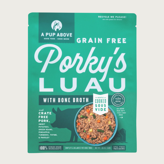 3 lb green bag of A Pup Above Porky's Luau recipe dog food. Gently cooked sous vide. Bag has a small photo of a bowl of the food, that looks like ground pork with chopped bits of green beans, pineapple, and sweet potato.
