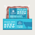 Load image into Gallery viewer, 12 lb blue box of Texas Beef Stew recipe dog food from A Pup Above. One pouch is shown as an example of what's inside.
