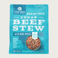 Load image into Gallery viewer, 3 lb blue bag of A Pup Above Texas Beef Stew recipe dog food. Gently cooked sous vide. Bag has a small photo of a bowl of the food, that looks like ground beef with chopped bits of potatoes, carrots and green peas.
