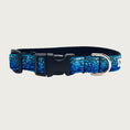 Load image into Gallery viewer, Blue gradient (light blue to deep blue) hued glitter 3/4" wide dog collar with a D-ring, black nylon inner webbing and black plastic buckle. The fabric itself is shimmery & glittery - it is not glued on.
