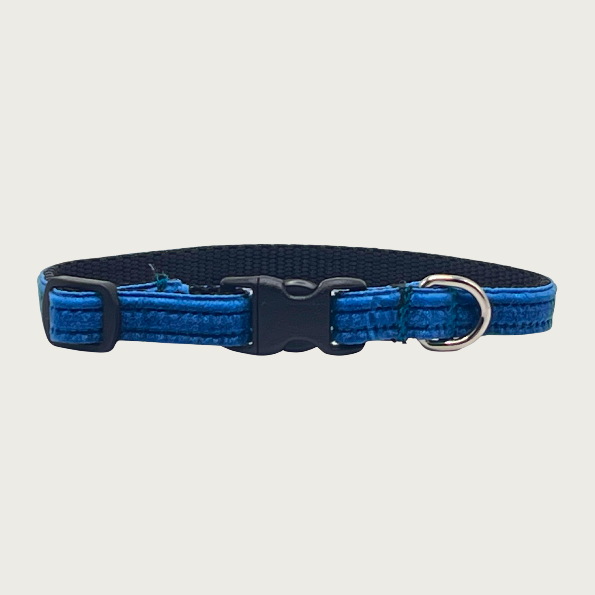 Skinny, royal blue hued velvet teacup dog collar with a small D-ring, black nylon inner webbing and black plastic buckle.