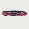 Load image into Gallery viewer, Skinny, rosy pink hued glitter teacup dog collar with a small D-ring, black nylon inner webbing and black plastic buckle. The fabric itself is shimmery & glittery - it is not glued on.
