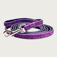 Load image into Gallery viewer, Skinny, deep purple hued glitter dog leash with black nylon inner webbing and silver metal clasp. The fabric itself is shimmery & glittery - it is not glued on.
