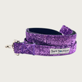 Load image into Gallery viewer, 3/4" width, deep purple hued glitter dog leash with black nylon inner webbing and silver metal clasp. The fabric itself is shimmery & glittery - it is not glued on.
