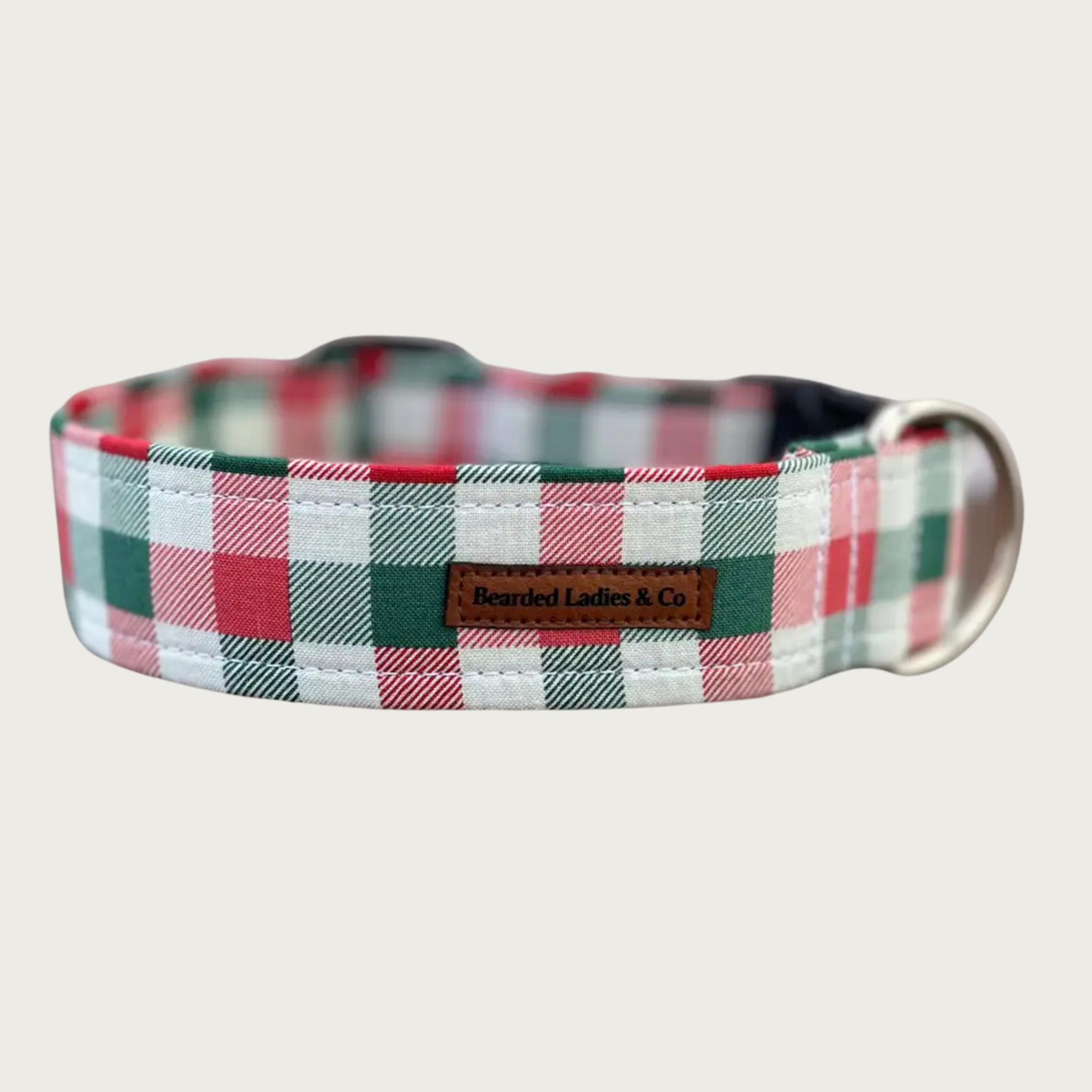 Christmas themed red, green and white checkered dog collar.