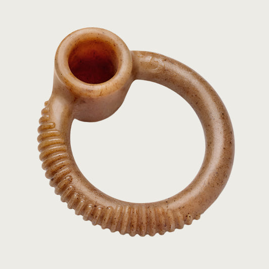 Brown, circular shaped hard chew toy with ridges along its body, and a large, open "cup" at one end.