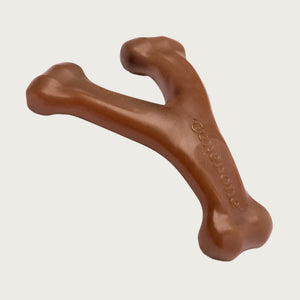 Brown, slightly curved, Y-shaped hard chew toy with round, knuckle-shaped ends.