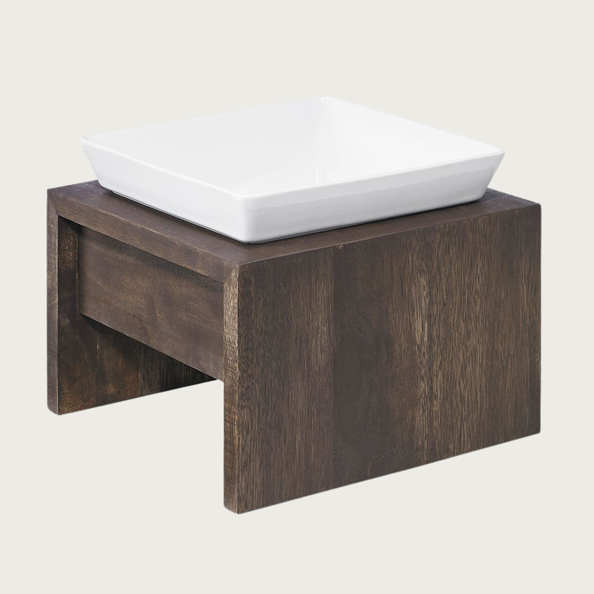 Large single bowl, elevated dog feeder. Stand is a rich dark brown wood, in a simple square design. Square white ceramic bowl in center.