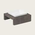 Load image into Gallery viewer, XS single bowl, elevated dog feeder. Stand is a rich dark brown wood, in a simple square design. Square white ceramic bowl in center.
