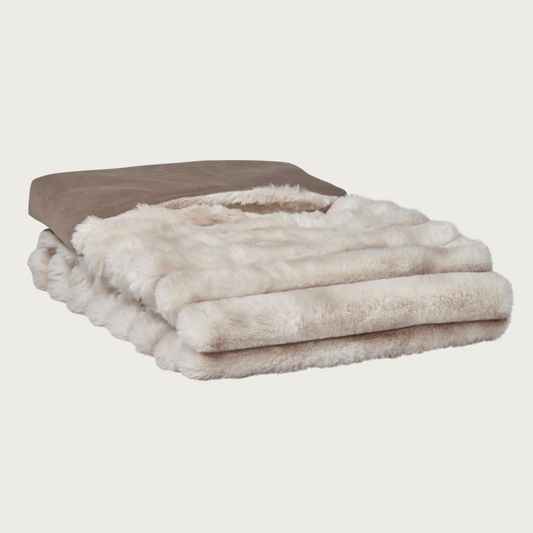 Folded pet blanket in plush faux fur with horizontal ridged texture, in muddled cream & beige tones on the main side. Solid mocha (grayish brown) colored fabric on the reverse.