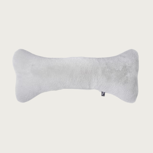 Light gray, bone-shaped plush dog pillow.