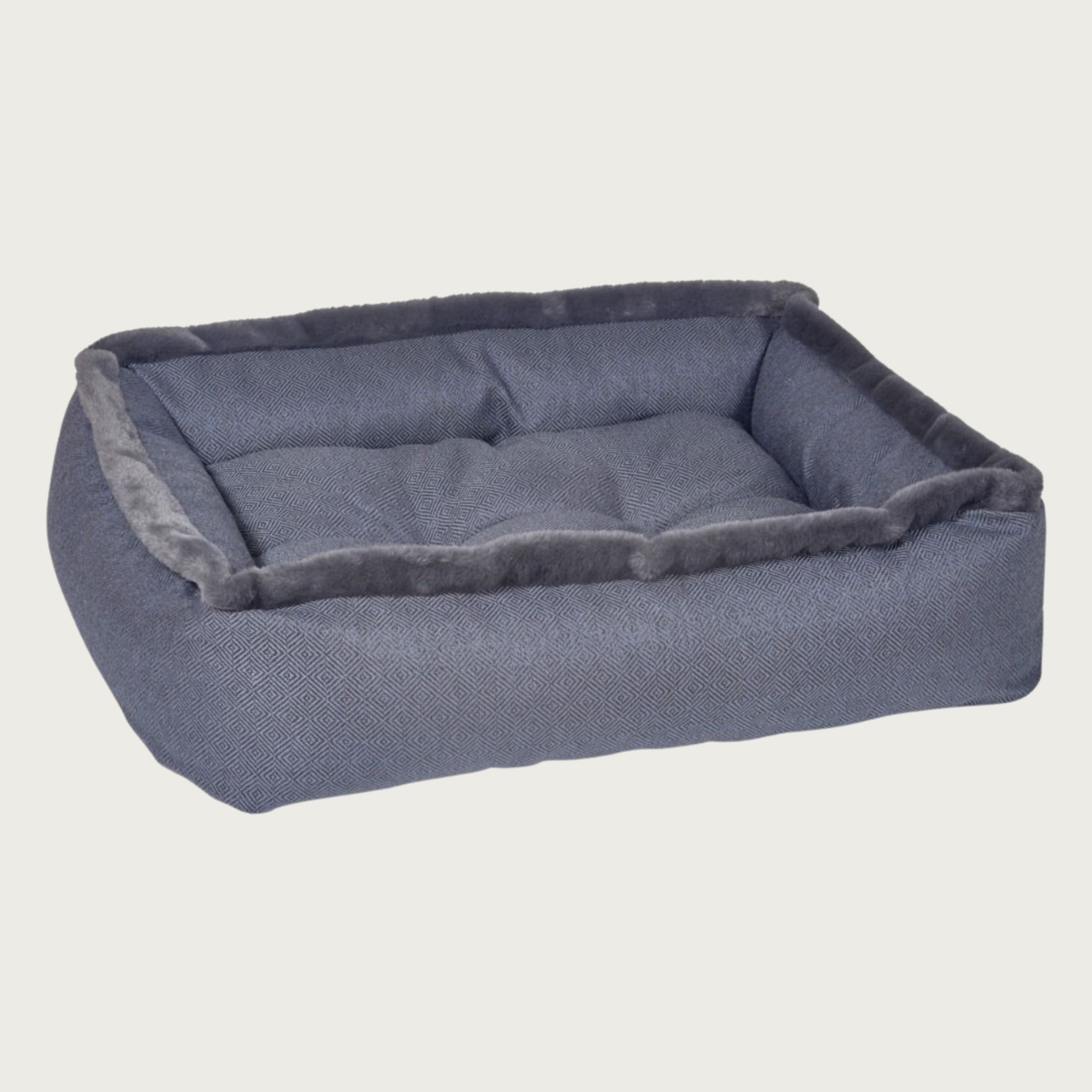 Charcoal gray/deep navy colored, rectangular pet bed with dark gray faux fur trim on top edges. 