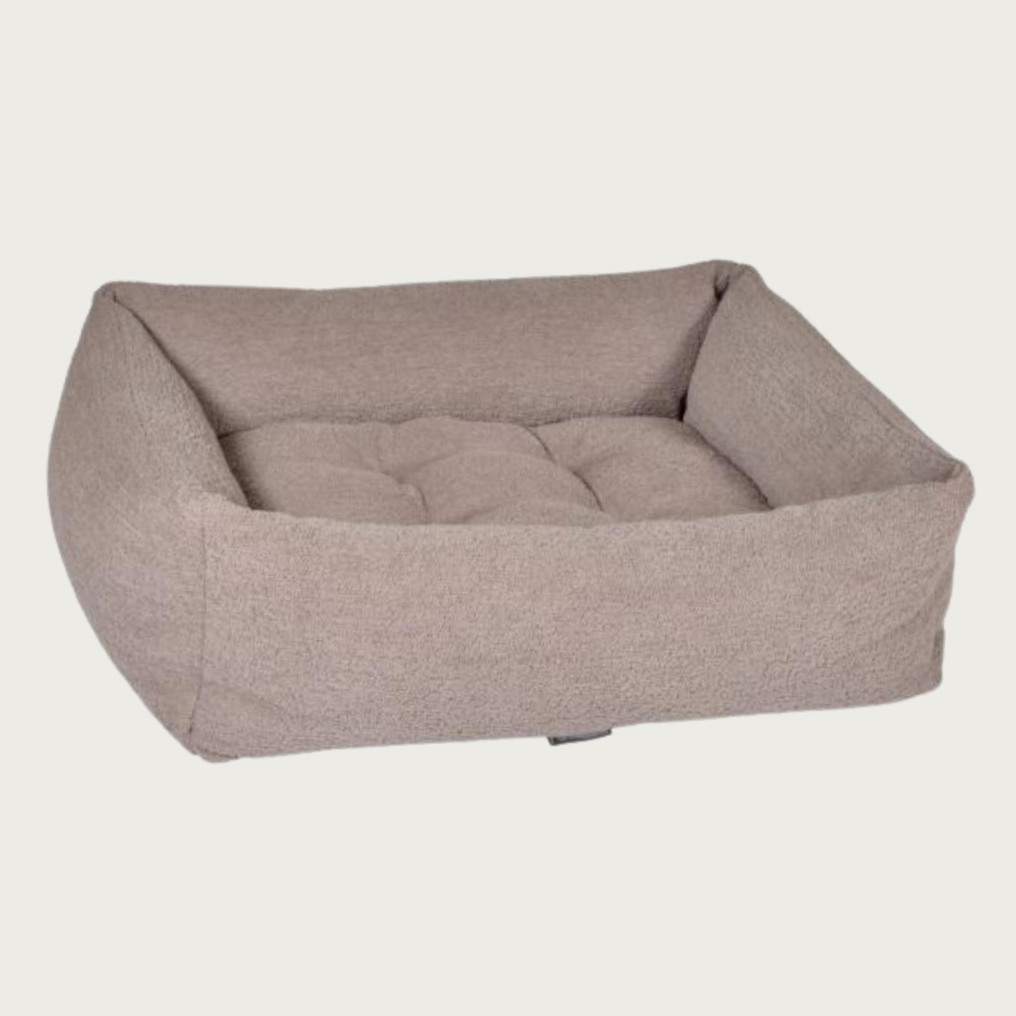 Latte (light grayish brown) colored, textured rectangular pet bed with bolsters & tufted center cushion.