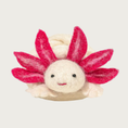 Load image into Gallery viewer, Front view of the wool axolotl cat toy. Its body is cream colored, with red & pink gills that look like large sunflower petals around its face, which has a simple, embroidered smile. 
