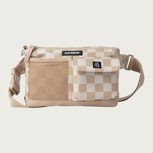 A beige and cream checkerboard patterned crossbody bag with multiple front pockets (one beige mesh and one with a flap closure), zippered top, and an adjustable strap. A black brand label reads 'CLEVERUP'.