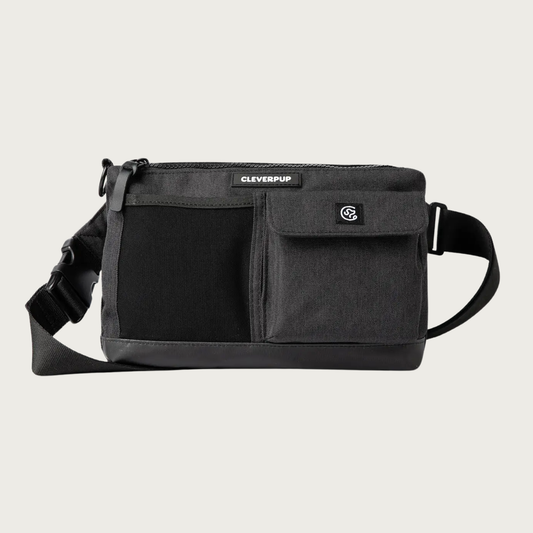 A black crossbody bag with multiple front pockets (one mesh and one with a flap closure), zippered top, and an adjustable strap. The brand name 'CLEVERUP' is visible on a front label.
