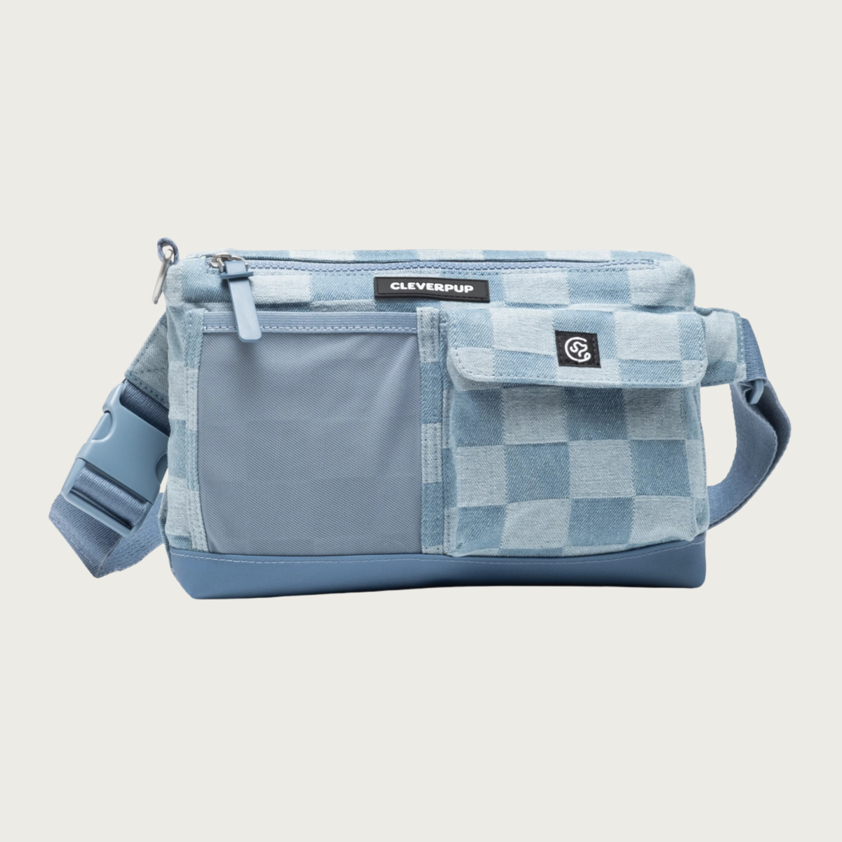 A pale & light denim checkerboard patterned crossbody bag with multiple front pockets (one light blue mesh and one with a flap closure), zippered top, and an adjustable strap. A black brand label reads 'CLEVERUP'.