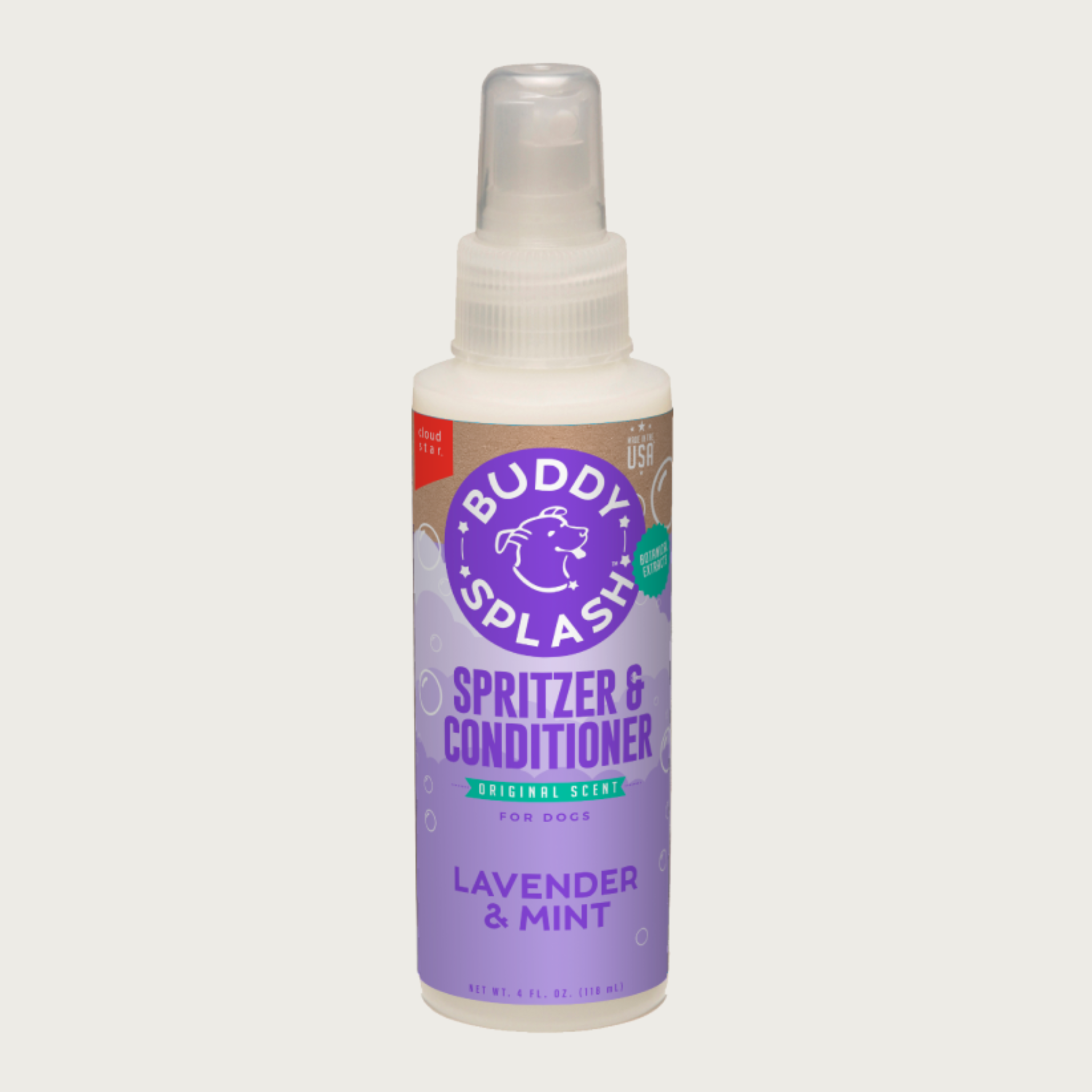 Opaque white plastic spray bottle of Buddy Splash spritzer and conditioner for dogs. Original lavender & mint scent. Made in USA. Net Wt 4 Fl Oz.