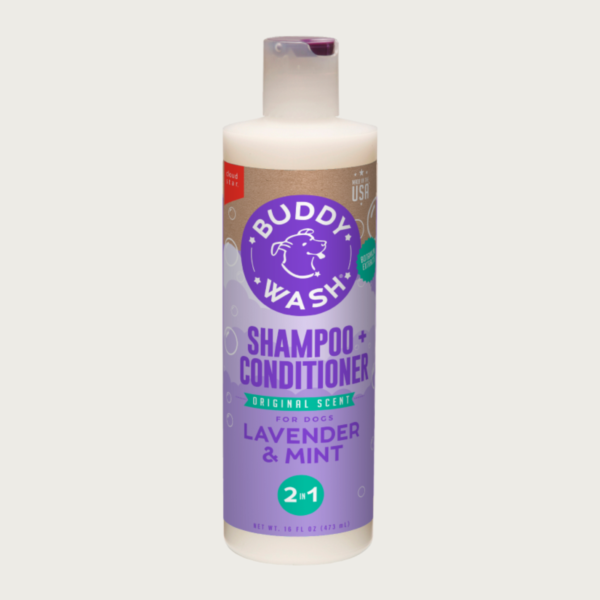 Opaque white plastic bottle of Buddy Wash 2 in 1 shampoo and conditioner for dogs, with flip cap. Original scent; lavender & mint. Net Wt. 16 fl oz. Made in USA.