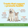 Coco-Carnivore Meatballs Turkey + Spinach Treat text-focused graphic, with puppy & kitten in middle of image. Headline reads: Treats that support + promote health! Ingredients & benefits are then broken down. Turkey breast - lean protein for muscle + body maintenance, Spinach - bone health + high in iron, Coconut chips - high in healthy fiber for bowel health.