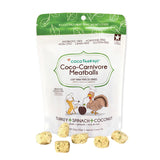 2.5 oz white and green bag of CocoTherapy Turkey + Spinach + Coconut Coco-Carnivore Meatballs treats for dogs & cats. 100% raw freeze-dried.  Made in USA. Sample treats in front of bag are beige, and look like small, uneven shaped nuggets.