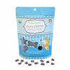 5 oz blue bag of CocoTherapy Coco-Charms Blueberry Cobbler organic coconut training treats for dogs. Made with coconut & coconut oil. Grain-free, gluten free. USDA organic, made in USA. Sample of treats in front of bag are tiny (smaller than a dime) and dark colored, and in three shapes: hearts, stars and bones.