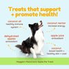 Maggie's Macaroons Apple Pie Treat text-focused graphic, with border collie dog in middle of image. Headline reads: Treats that support + promote health! Ingredients & benefits are then broken down. Coconut oil - healthy immune system, coconut nectar - increase energy, dehydrated apples - antioxidant, apple juice - antioxidant, coconut - bowel health + healthy skin & coat.