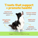 Maggie's Macaroons Apple Pie Treat text-focused graphic, with border collie dog in middle of image. Headline reads: Treats that support + promote health! Ingredients & benefits are then broken down. Coconut oil - healthy immune system, coconut nectar - increase energy, dehydrated apples - antioxidant, apple juice - antioxidant, coconut - bowel health + healthy skin & coat.