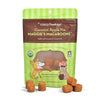 4 oz green and brown bag of CocoTherapy Coconut Apple Pie Maggie's Macaroons gourmet treats for dogs. Made with coconut & coconut oil. Raw & vegan, grain-free, 100% all natural. USDA organic, made in USA. Sample treats in front of bag are brown, and look like tater tots.