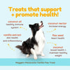 Maggie's Macaroons Vanilla Flax Treat text-focused graphic, with border collie dog in middle of image. Headline reads: Treats that support + promote health! Ingredients & benefits are then broken down. Coconut oil - healthy immune system, coconut nectar - increase energy, vanilla extract - skin health & anti-inflammatory, flax seed - heart health, coconut - bowel health + maintain healthy weight. 